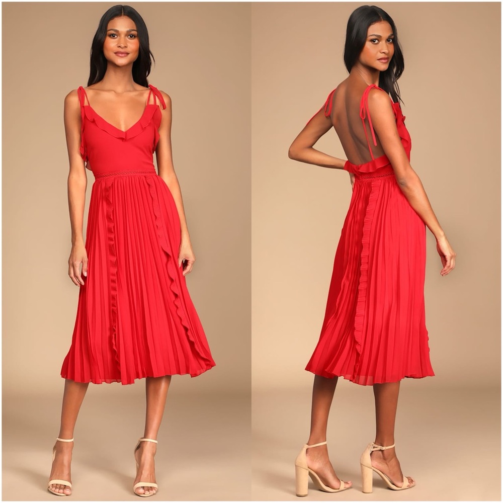 LULU’S Never A Dull Moment Bright Red Tie-Strap Pleated Midi Dress
